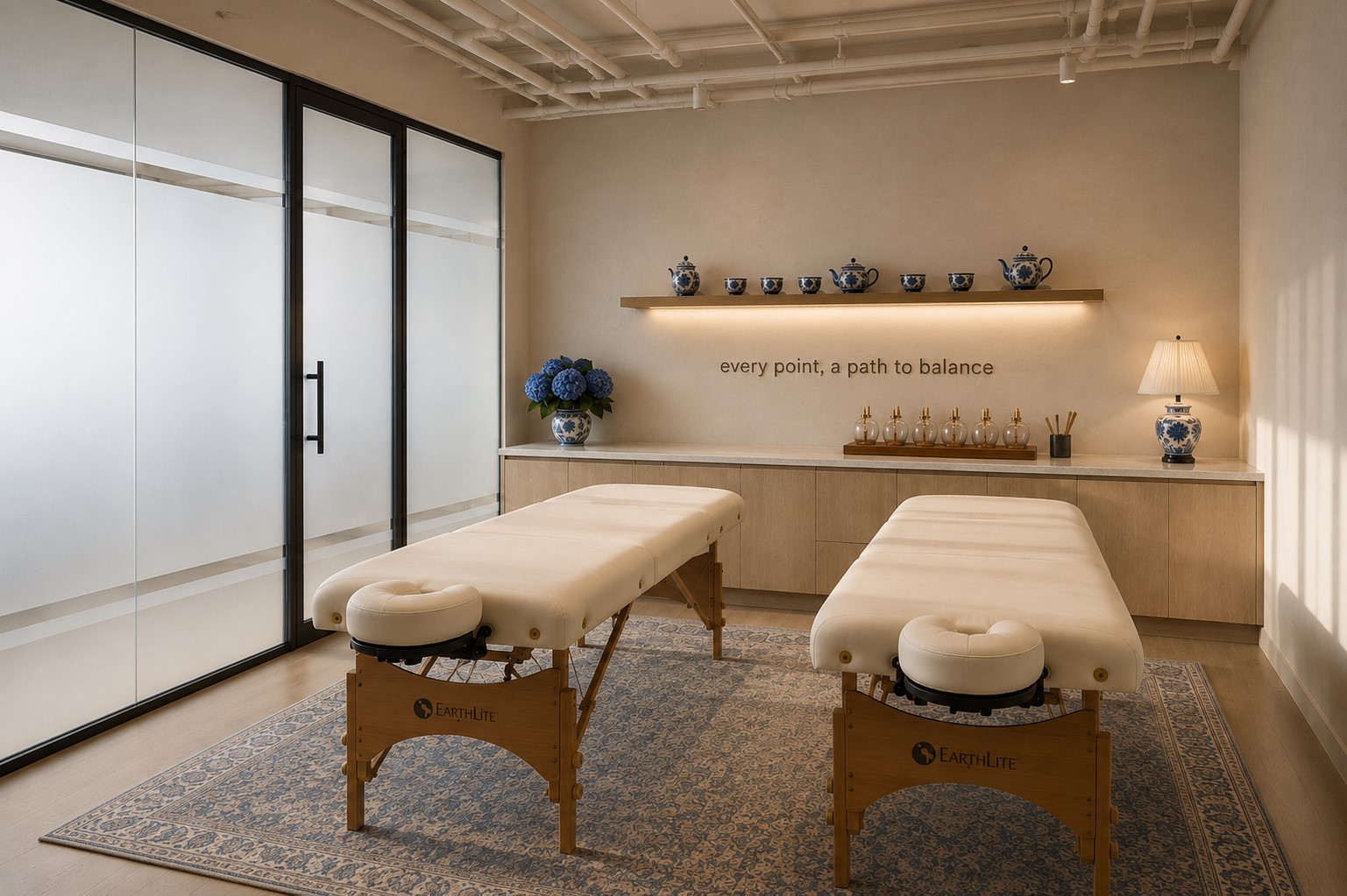 Modern couples acupuncture room for commercial wellness clinics featuring two treatment tables, calming interiors, custom millwork, and a patient-centered healthcare design.